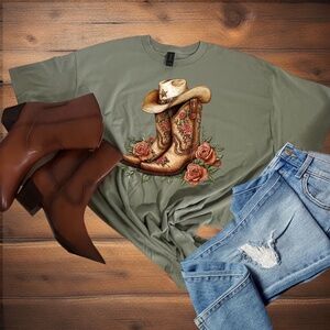 Cowgirl T-shirt w/ Western Rodeo Boots, Cowgirl Hat, Roses. New. S M L XL green